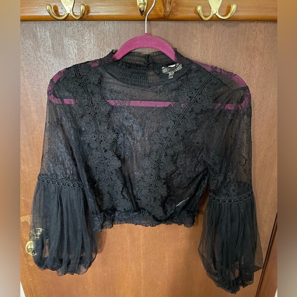 Black Lace Balloon Sleeve Blouse - Picture 1 of 3